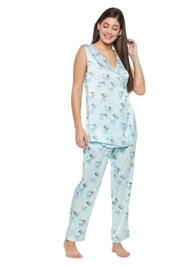 Clovia Women's Satin Printed Top & Pyjama Set (LS5724R03_Blue_L)-L - Image 4