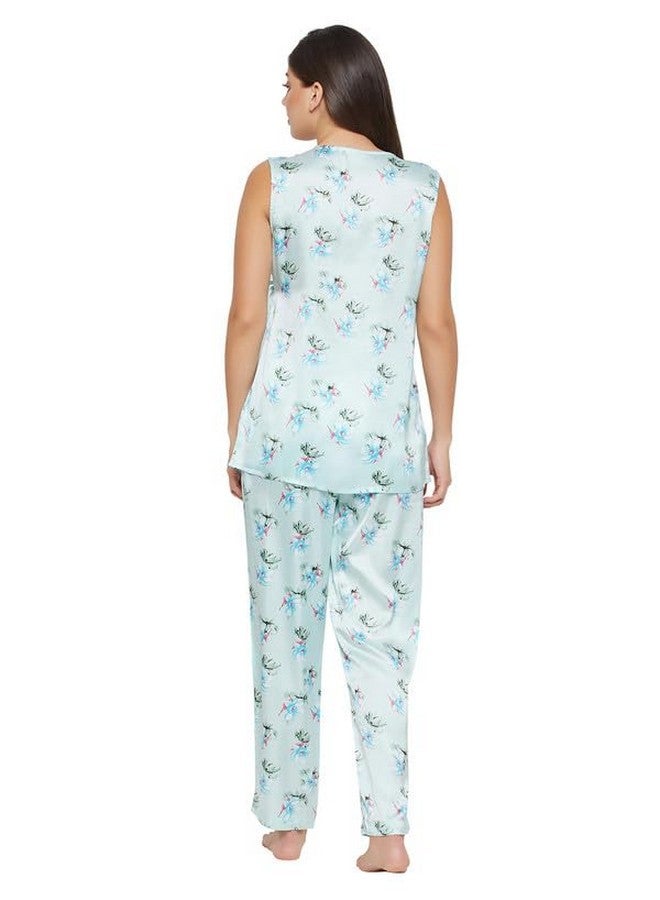 Clovia Women's Satin Printed Top & Pyjama Set (LS5724R03_Blue_L)-L - Image 5