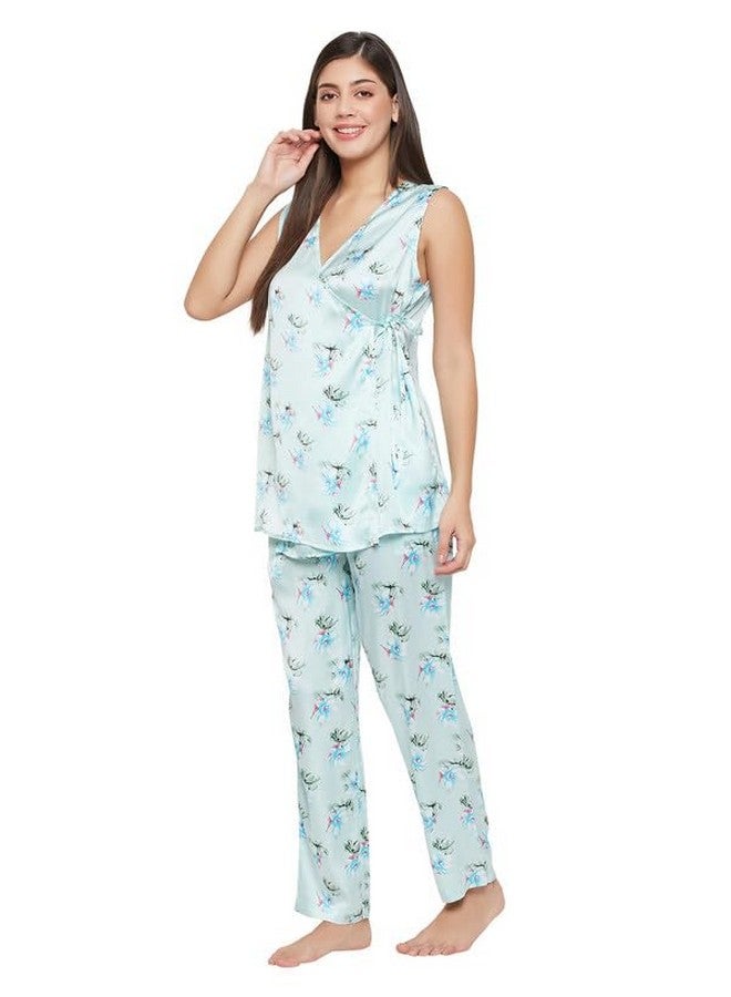 Clovia Women's Satin Printed Top & Pyjama Set (LS5724R03_Blue_L)-L - Image 3