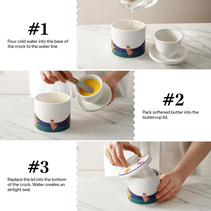 Toptier Butter Crock for Counter With Water Line, On Demand Spreadable Butter, Ceramic Butter Keeper to Leave On Counter, French Butter Dish with Lid (Animal Paradise) - Image 4
