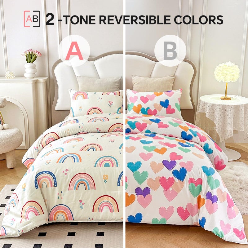 Btargot Lightweight Soft 3 Piece Rainbow Comforter Set with 2 Pillow Covers, Cartoon Love Hearts Flowers and Grass Bedding Set for Girls Boys Kids, Queen Multi-Color - Image 2