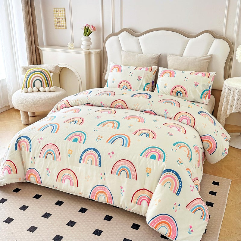 Btargot Lightweight Soft 3 Piece Rainbow Comforter Set with 2 Pillow Covers, Cartoon Love Hearts Flowers and Grass Bedding Set for Girls Boys Kids, Queen Multi-Color - Image 3