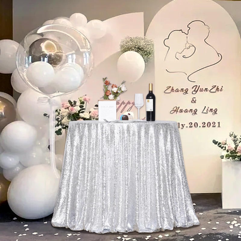 PartyDelight 70 inch Silver Sequin Tablecloth Round Wedding Party Christmas Decorations
