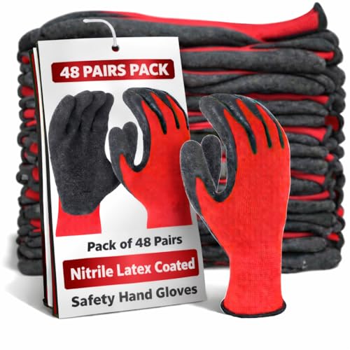 RK TRENDS Safety Gloves - Nylon Nitrile Coated Industrial & Home Cut Resistant Hand Gloves. (Black Red (Latex Coated), Pack of 48 Pairs) - Image 1