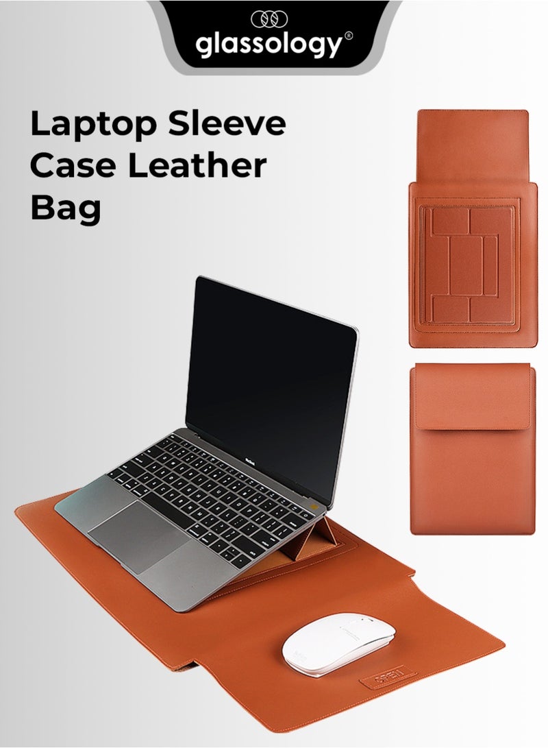 glassology 3-in-1 Laptop Sleeve – 14.1" Brown13-14 Inch Laptop Sleeve Case Leather Bag with Stand Compatible with all 13-14'' PC, Leather Laptop Case with Mouse Pad Notebook Computer Protective Cover Slim Bag - Image 1