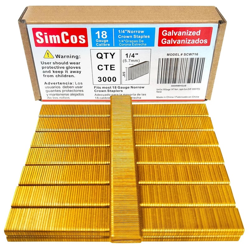 SimCos 18 Gauge 1/4" Narrow Crown Staples, Galvanized Upholstery Staples for 18 GA Pneumatic or Electric Stapler or Staple Gun (5/8"-3000 PCS) - Image 1