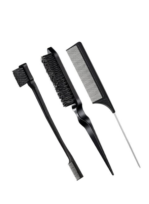 CARE AND SMILE Comb 3 Pcs Slick Back Hair Brush Set Bristle Hair Brush Edge Control Brush Teasing Comb for Women Baby Kids' Black Hair (Black)
