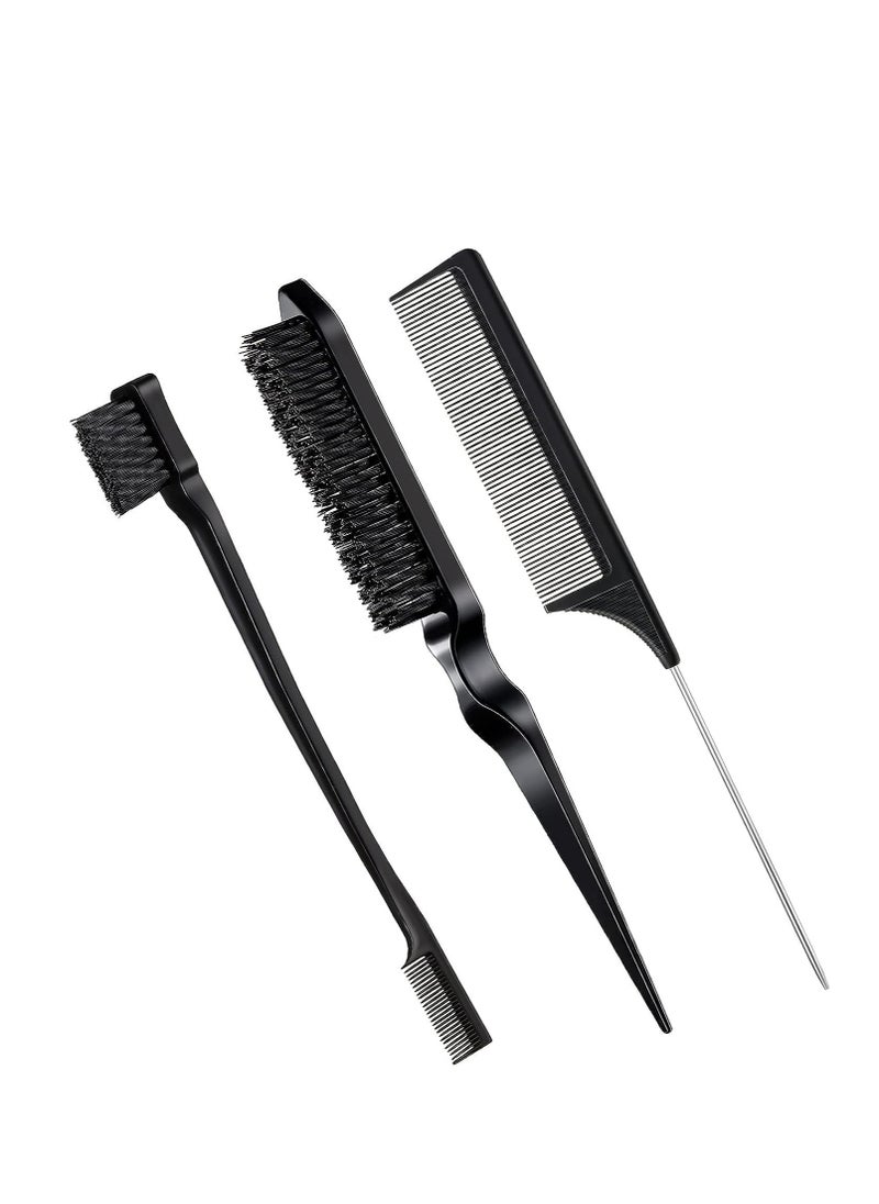 CARE AND SMILE - CARE AND SMILE Comb 3 Pcs Slick Back Hair Brush Set Bristle Hair Brush Edge Control Brush Teasing Comb for Women Baby Kids' Black Hair (Black) - Image 1