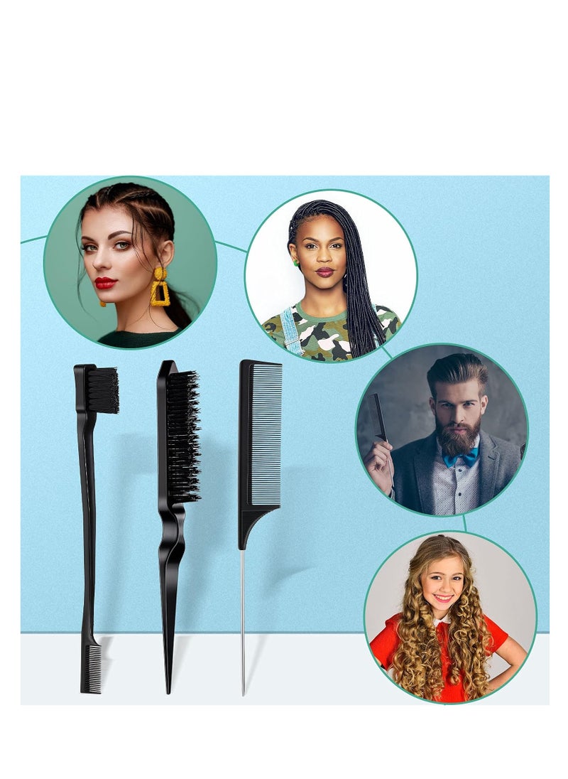 CARE AND SMILE - CARE AND SMILE Comb 3 Pcs Slick Back Hair Brush Set Bristle Hair Brush Edge Control Brush Teasing Comb for Women Baby Kids' Black Hair (Black) - Image 1