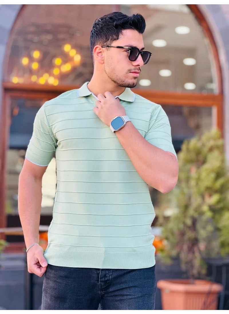 ميرون Water Green Embossed Stripe Polo Neck Knitwear T-Shirt