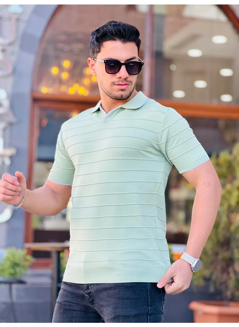 ميرون Water Green Embossed Stripe Polo Neck Knitwear T-Shirt