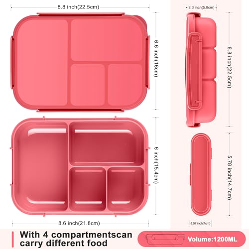 Amathley Lunch Box Kids,Bento Box Adult,Leakproof Lunch Containers for Adults/Kids/Toddler,1200ML-4 Compartments bento Lunch box with Utensil,Microwave & Dishwasher & Freezer Safe (Pink Berry) - Image 2