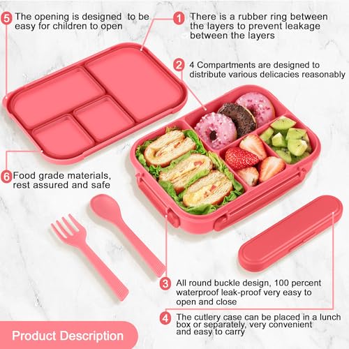 Amathley Lunch Box Kids,Bento Box Adult,Leakproof Lunch Containers for Adults/Kids/Toddler,1200ML-4 Compartments bento Lunch box with Utensil,Microwave & Dishwasher & Freezer Safe (Pink Berry) - Image 3