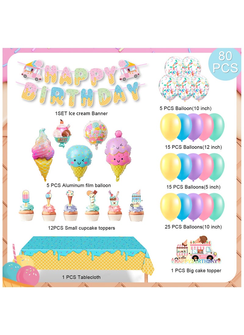 FRUITFUL PARTY Ice Cream Birthday Party Decorations, 80pcs Pastel Ice Cream Balloons Garland Arch Kit Tablecloth Candy Long Strip Balloon Cake Toppers Two Sweet Ice Cream Birthday Party Decorations  - Image 2