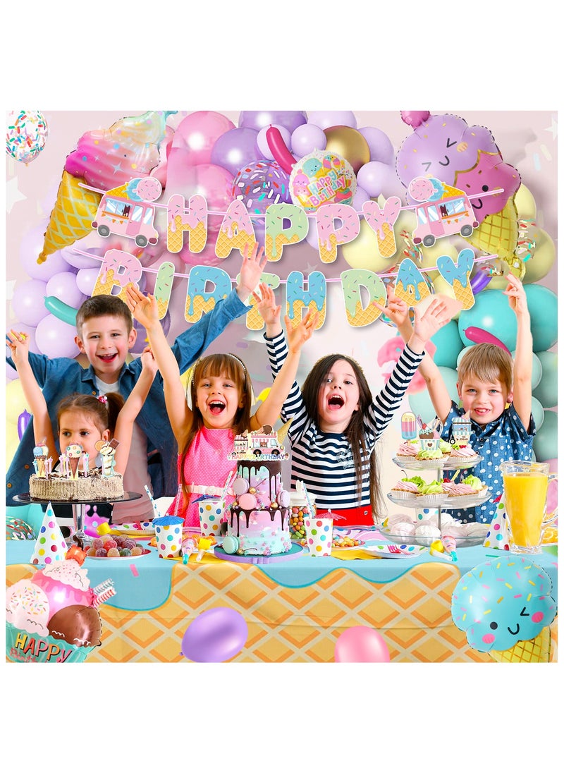 FRUITFUL PARTY Ice Cream Birthday Party Decorations, 80pcs Pastel Ice Cream Balloons Garland Arch Kit Tablecloth Candy Long Strip Balloon Cake Toppers Two Sweet Ice Cream Birthday Party Decorations  - Image 4