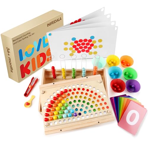 INIFEIDALA Montessori Toddler Learning Sorting Toys for 36 Year Olds Rainbow Stacking Number Bead Matching Games with Wooden Peg Board Develop Fine Motor Skills Color Math Skills - Image 1
