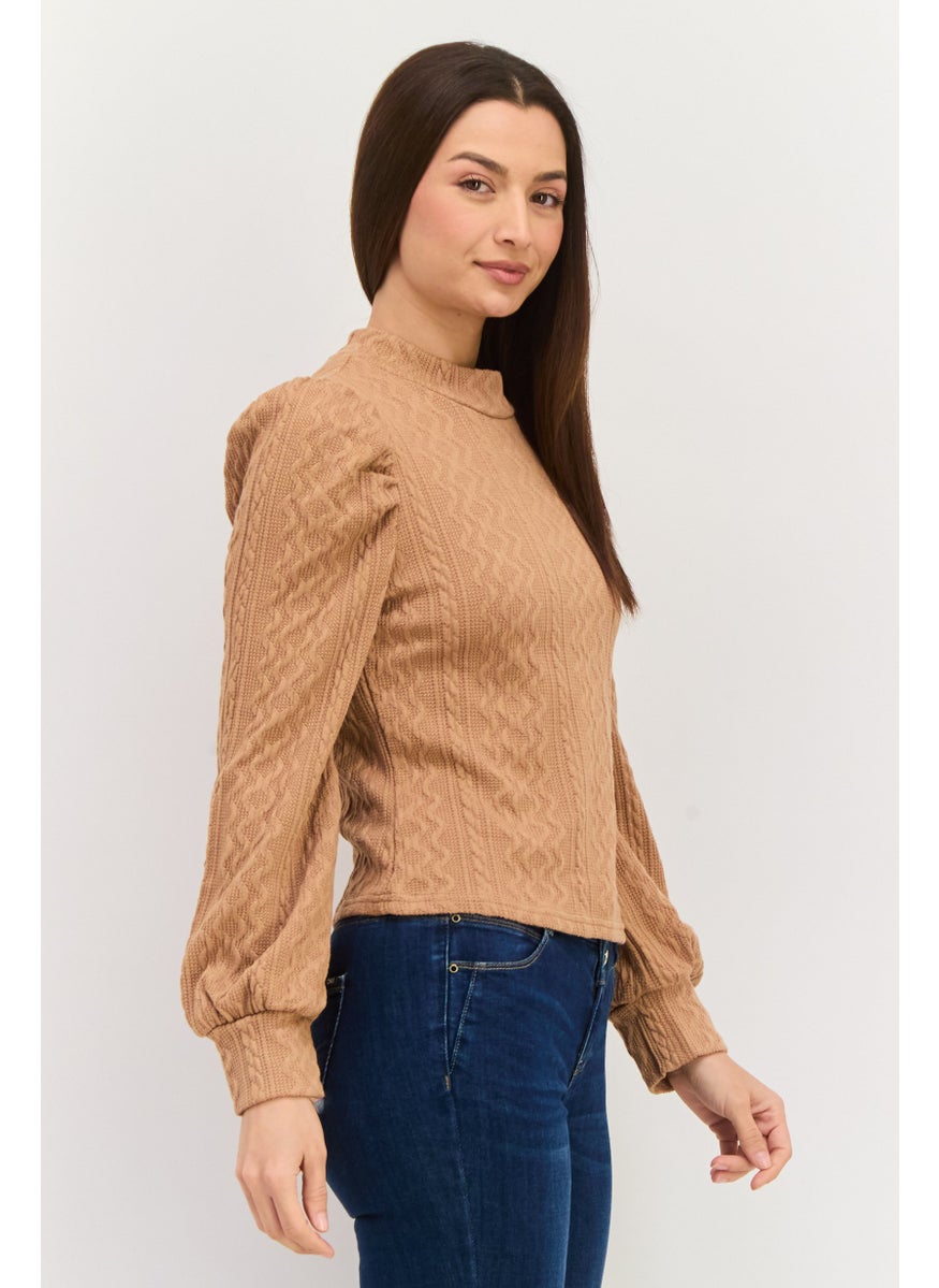 Sage The Label - Women Mock Neck Long Sleeve Textured Sweater, Brown - Image 1