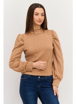 Women Mock Neck Long Sleeve Textured Sweater, Brown