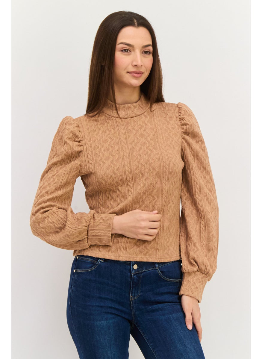 Sage The Label - Women Mock Neck Long Sleeve Textured Sweater, Brown - Image 1
