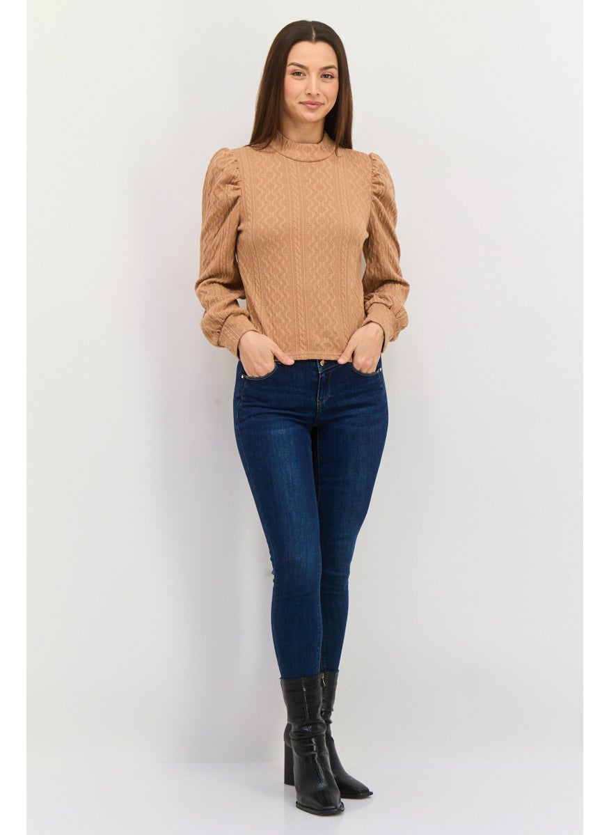 Sage The Label - Women Mock Neck Long Sleeve Textured Sweater, Brown - Image 1