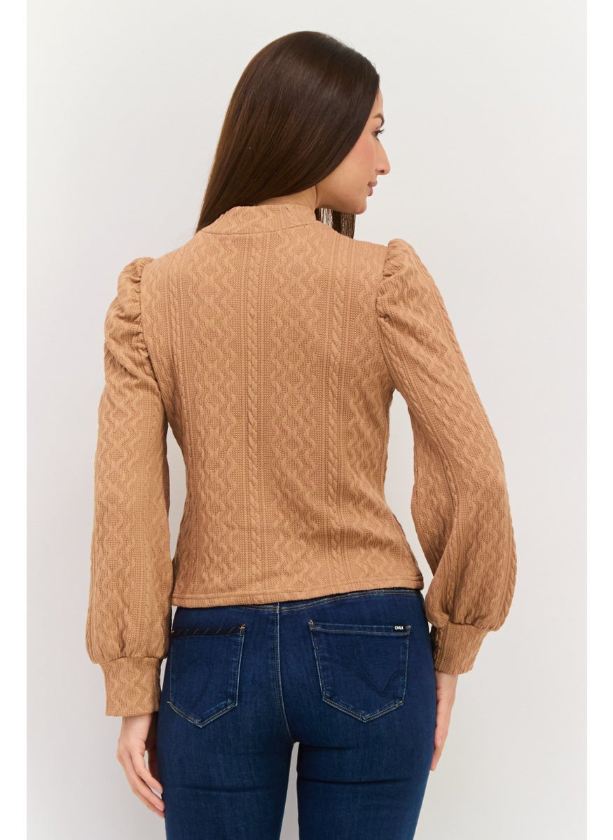 Sage The Label - Women Mock Neck Long Sleeve Textured Sweater, Brown - Image 1