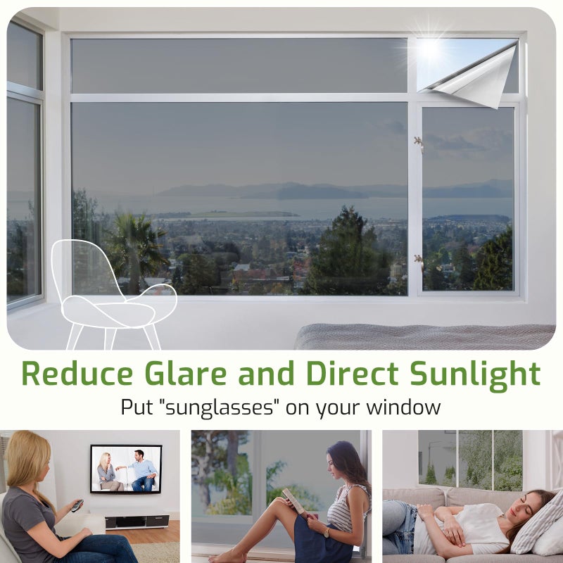 LUTE One Way Window Privacy Film, Window Tint for Home, Sun Blocking UV Heat Blocker, See Out Not in Reflective Mirror Film, Removable Static Cling Glass Door Cover, Black Silver, 17.5" x 78.7" - Image 5