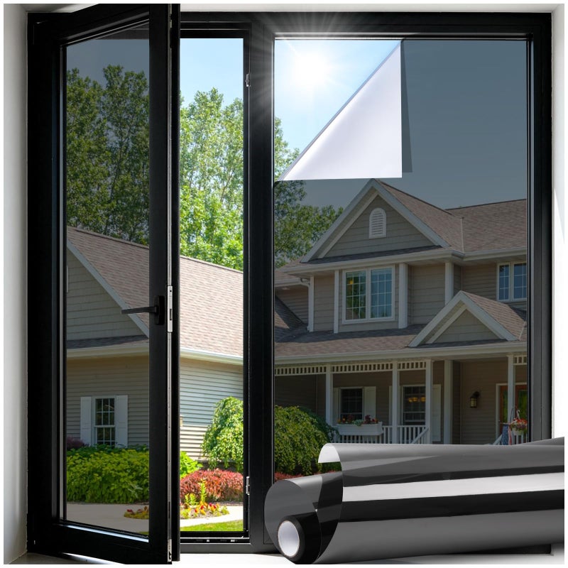 LUTE One Way Window Privacy Film, Window Tint for Home, Sun Blocking UV Heat Blocker, See Out Not in Reflective Mirror Film, Removable Static Cling Glass Door Cover, Black Silver, 17.5" x 78.7" - Image 1