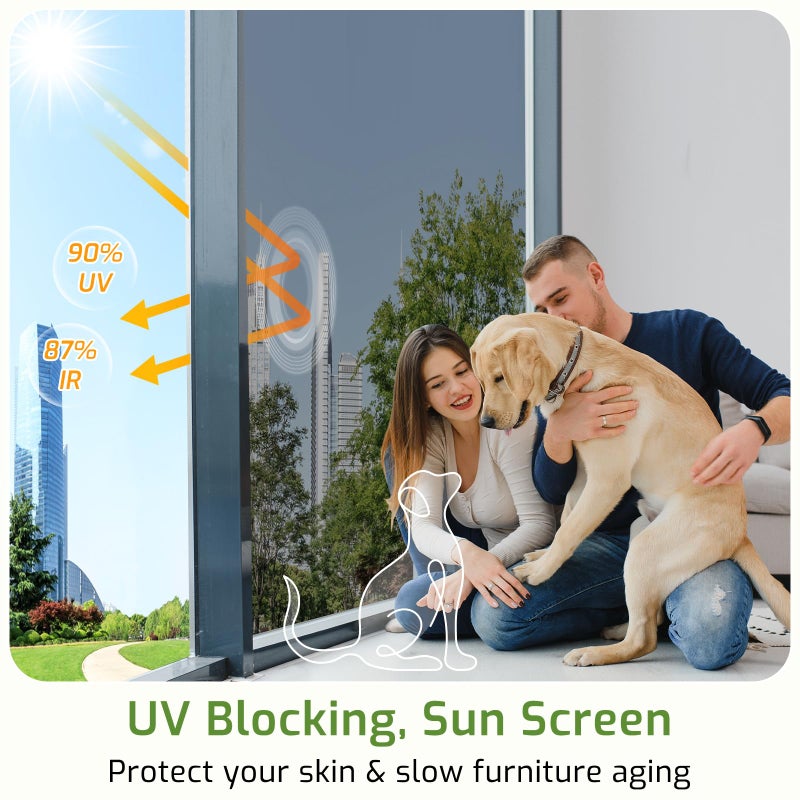 LUTE One Way Window Privacy Film, Window Tint for Home, Sun Blocking UV Heat Blocker, See Out Not in Reflective Mirror Film, Removable Static Cling Glass Door Cover, Black Silver, 17.5" x 78.7" - Image 2