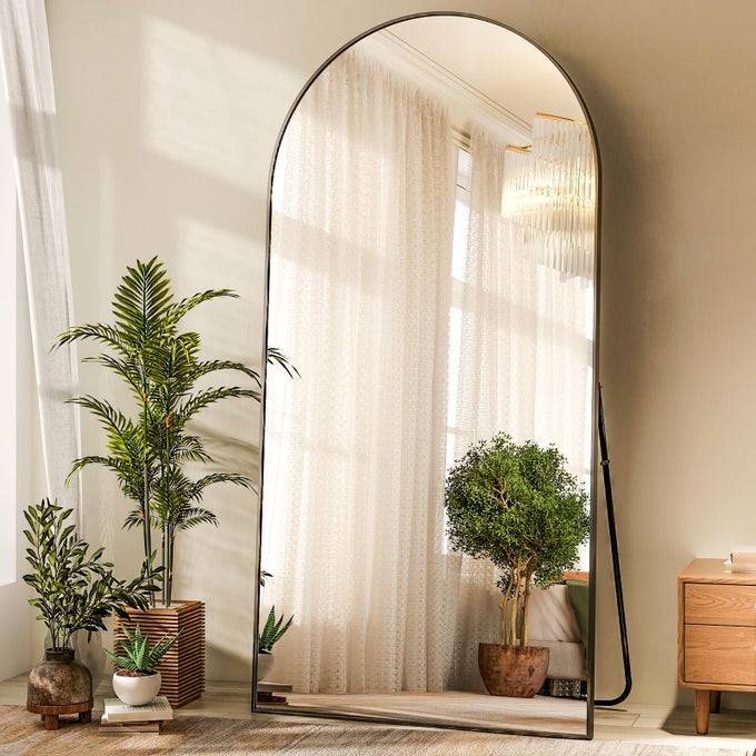 71X30 ARCHED FULL LENGTH MIRROR FREE STANDING LEANING HANGING MOUNTED MIRRORS ALUMINUM FRAME MODERN SIMPLE HOME DECOR FOR LIVING ROOM BEDROOM CLOAKROOM BLACK
