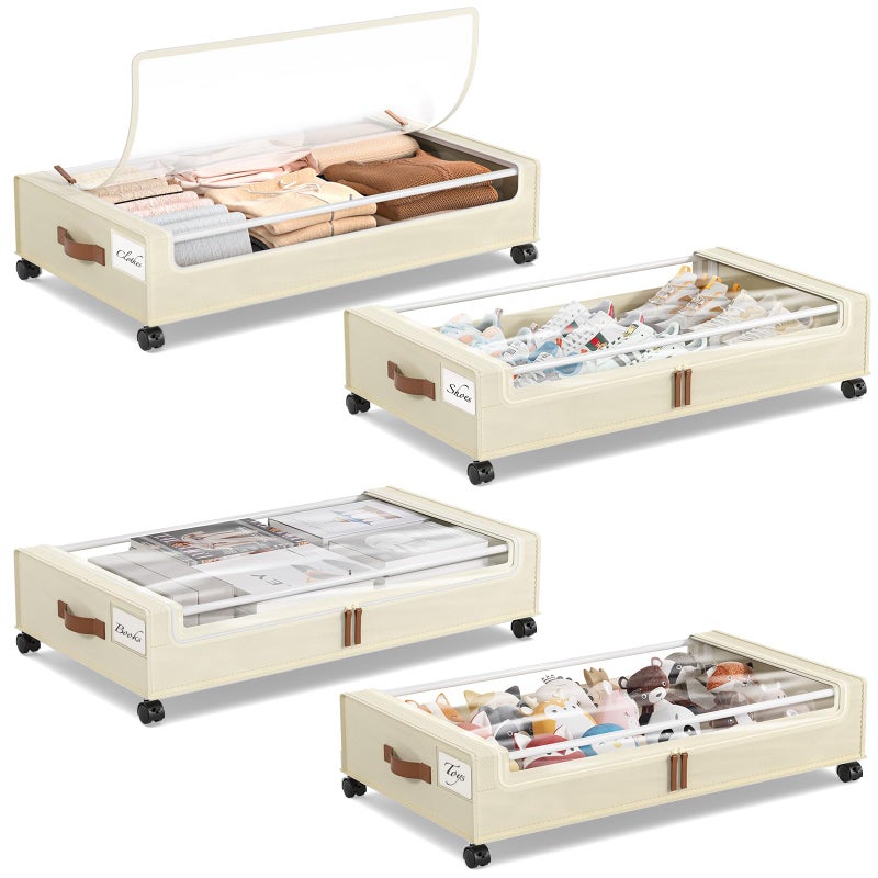 Yecaye 4 Pack Under Bed Storage with Wheels, Under Bed Storage Containers with Lids, Large Under Bed Rolling Storage with Clear Window & Label, Rolling Drawers for Clothes, Blankets, Books - Image 1