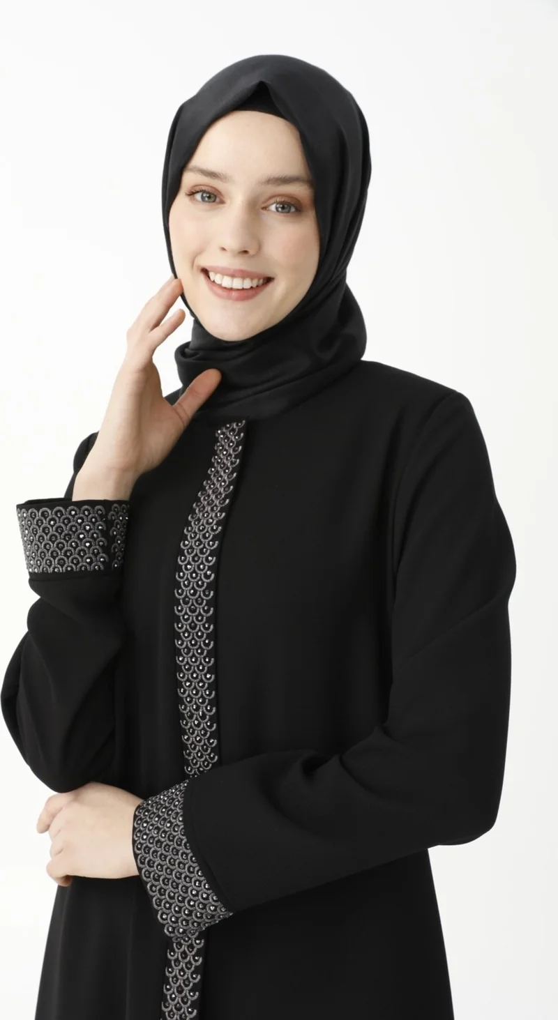 Derin Store Black Herringbone Stone Embroidered Mother Abaya 9378-22