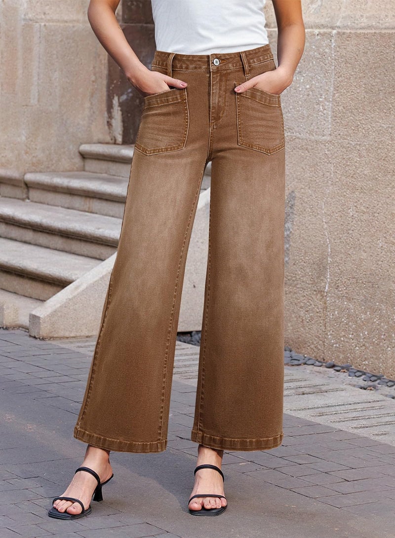 Sidefeel Women's Wide Leg Jeans High Waisted Straight Leg Stretchy Trendy Loose Zimbaplatinum Ankle Denim Pants Brown Size 6 - Image 4
