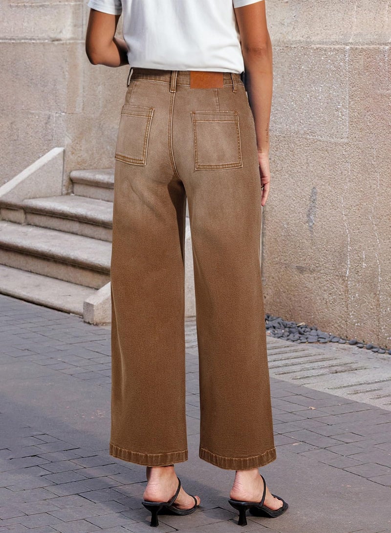 Sidefeel Women's Wide Leg Jeans High Waisted Straight Leg Stretchy Trendy Loose Zimbaplatinum Ankle Denim Pants Brown Size 6 - Image 3