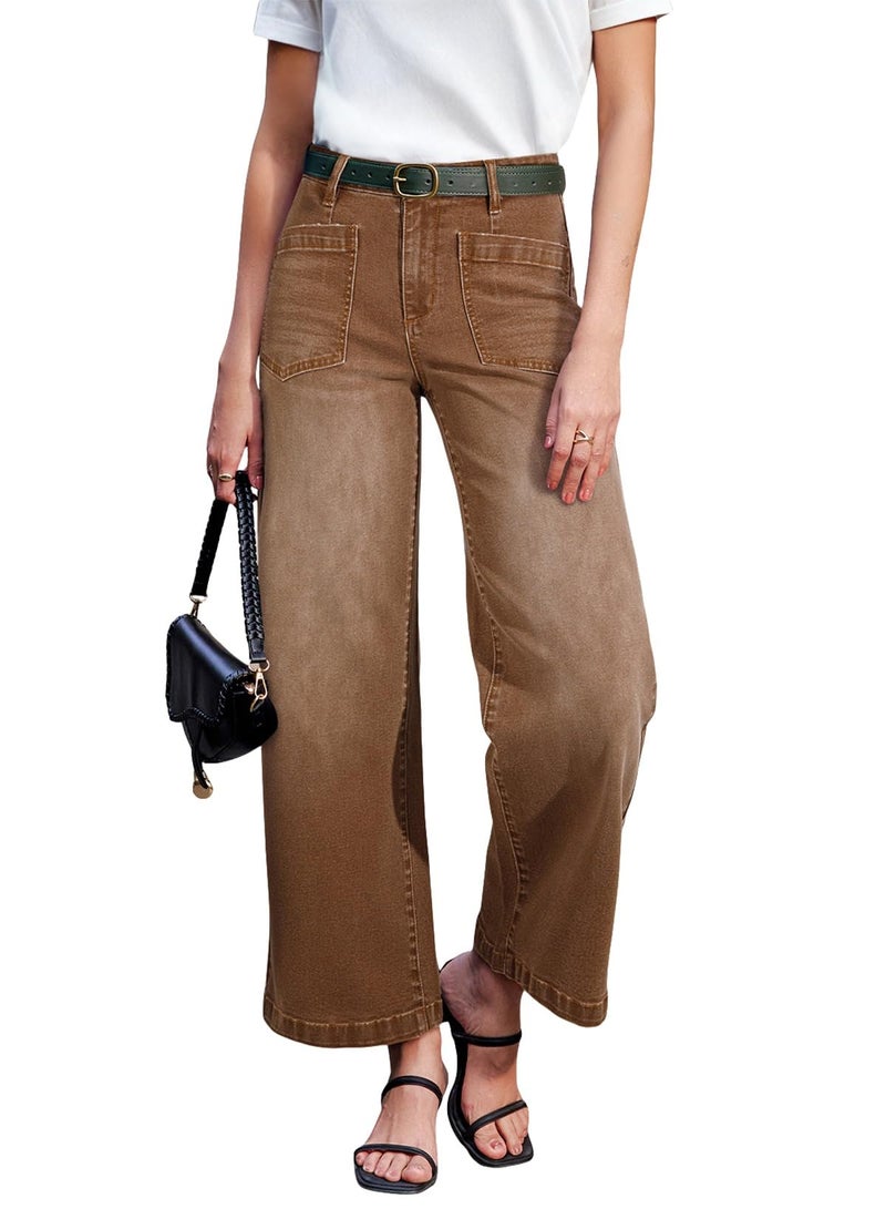 Sidefeel Women's Wide Leg Jeans High Waisted Straight Leg Stretchy Trendy Loose Zimbaplatinum Ankle Denim Pants Brown Size 6 - Image 1