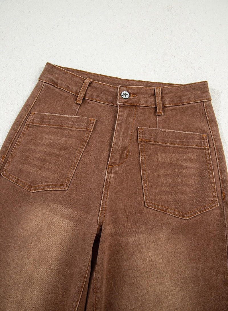 Sidefeel Women's Wide Leg Jeans High Waisted Straight Leg Stretchy Trendy Loose Zimbaplatinum Ankle Denim Pants Brown Size 6 - Image 5