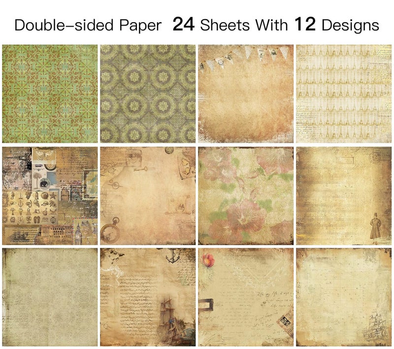 iKammo Vintage Scrapbook Paper Aesthetic Patterned Paper 12Ã—12,24 Sheets Double-Sided Old Decoupage Journaling Papers Pad for Holiday Cardmaking DIY Origami Decorative Craft Papers. - Image 1