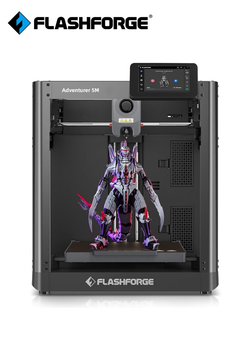 فلاش فورج طابعة مغامر 5 م 3 د مع تسوية تلقائية بالكامل ، طباعة عالية السرعة بحد أقصى 600 مم/ثانية ، بثق مباشر 280 درجة مئوية مع فوهة قابلة للفصل 3 ثوان ، هيكل معدني بالكامل ، حجم الطباعة 220 * 220 * 220 مم - Image 1