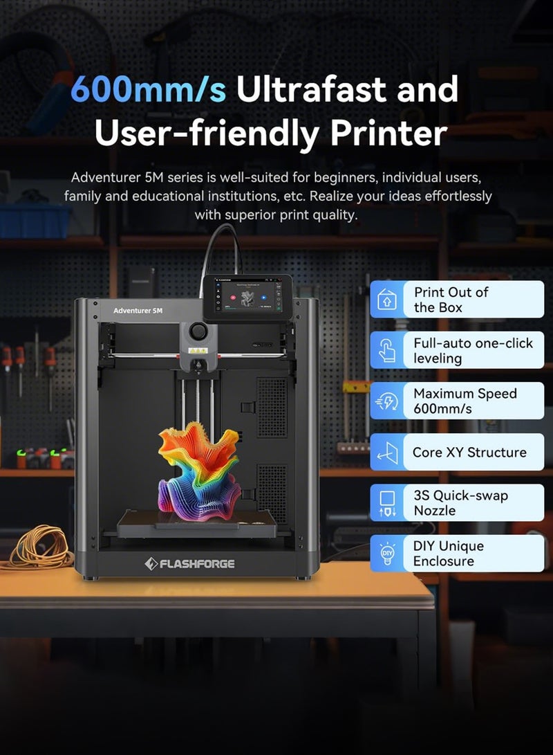 فلاش فورج طابعة مغامر 5 م 3 د مع تسوية تلقائية بالكامل ، طباعة عالية السرعة بحد أقصى 600 مم/ثانية ، بثق مباشر 280 درجة مئوية مع فوهة قابلة للفصل 3 ثوان ، هيكل معدني بالكامل ، حجم الطباعة 220 * 220 * 220 مم - Image 2