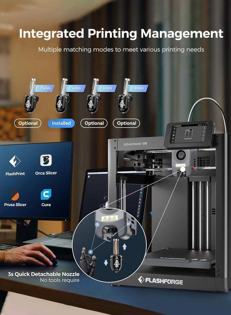 فلاش فورج طابعة مغامر 5 م 3 د مع تسوية تلقائية بالكامل ، طباعة عالية السرعة بحد أقصى 600 مم/ثانية ، بثق مباشر 280 درجة مئوية مع فوهة قابلة للفصل 3 ثوان ، هيكل معدني بالكامل ، حجم الطباعة 220 * 220 * 220 مم - Image 5