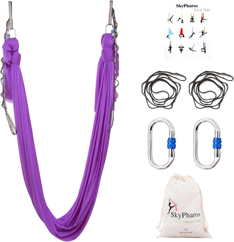 SKYPHAROS 5.5 Yards Aerial Silks Yoga Swing Set - Aerial Yoga Hammock Kit Anti-Gravity Flying for Fitness, Low/Non Stretch Nylon Tricot Fabric Hardware Included for Dance - Image 1