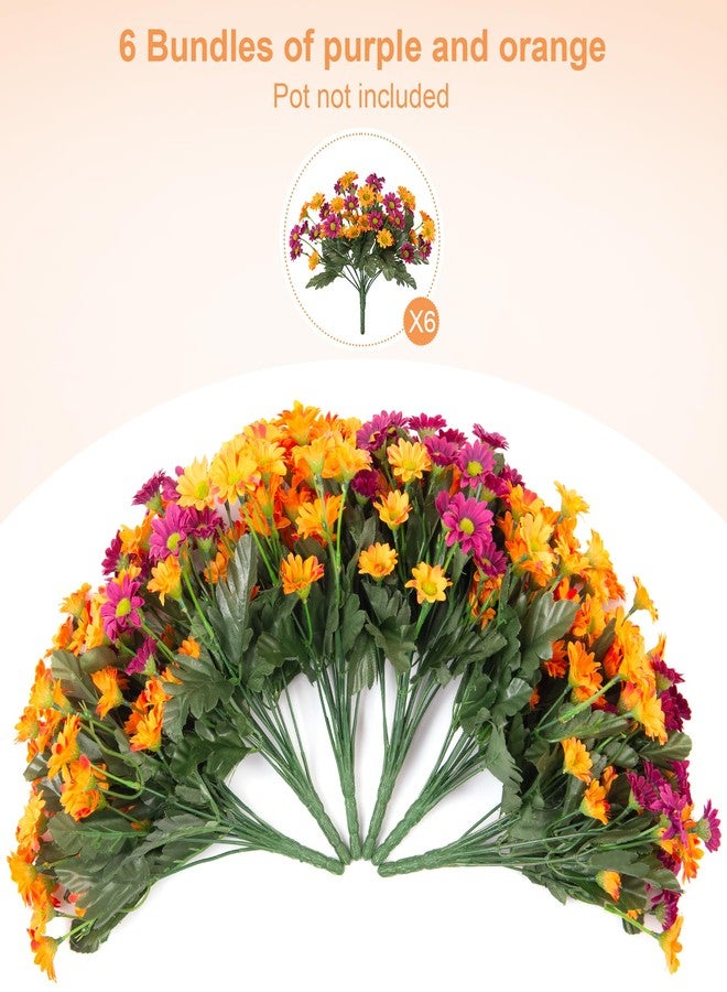 Ammyoo Fake Mums Fall Artificial Flowers for Outdoor Decoration, 6 Bundles Faux Silk Daisy Flowers Realistic UV Resistant No Fade Fall Fake Plants for Home Patio Porch Garden Window Box Decor(Purple Orange) - Image 3