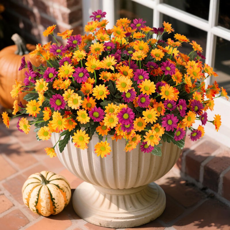 Ammyoo Fake Mums Fall Artificial Flowers for Outdoor Decoration, 6 Bundles Faux Silk Daisy Flowers Realistic UV Resistant No Fade Fall Fake Plants for Home Patio Porch Garden Window Box Decor(Purple Orange) - Image 1