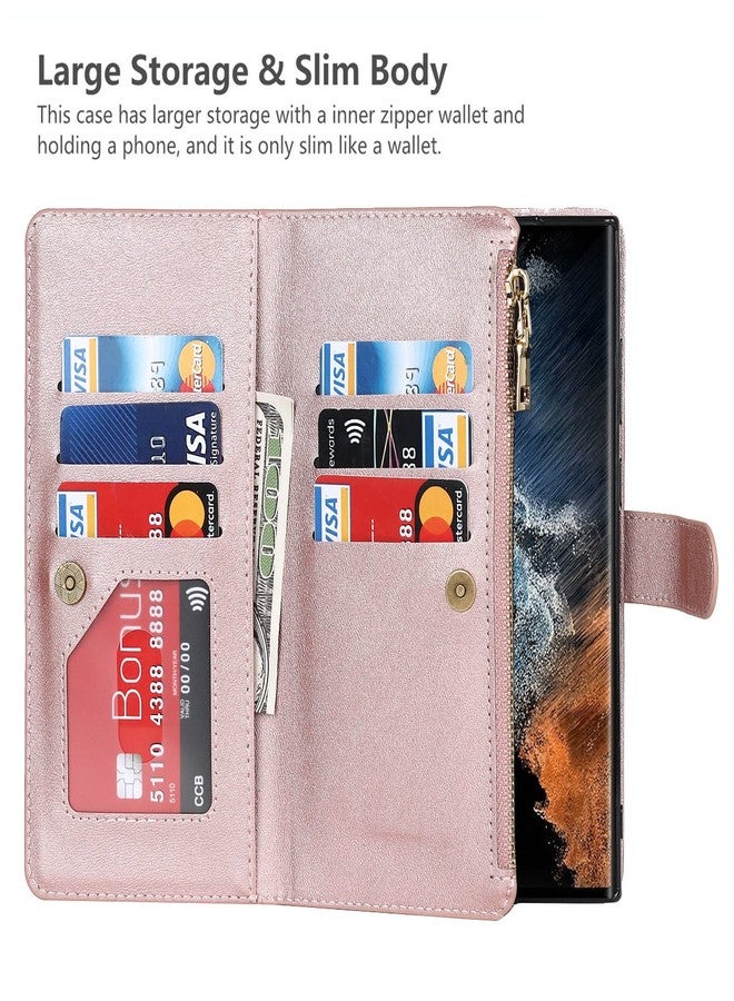 آي كوفر كايس جراب iCoverCase لهاتف سامسونج جالاكسي S22 ألترا، جراب محفظة مع حامل بطاقات، جراب من الجلد الصناعي مع حبل كتف قابل للتعديل، مشبك مغناطيسي، جيب بسحاب، غطاء قلاب (ذهبي وردي) - Image 4