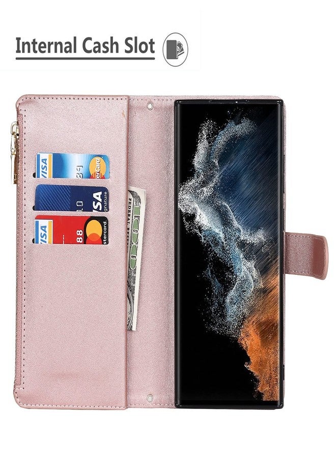 آي كوفر كايس جراب iCoverCase لهاتف سامسونج جالاكسي S22 ألترا، جراب محفظة مع حامل بطاقات، جراب من الجلد الصناعي مع حبل كتف قابل للتعديل، مشبك مغناطيسي، جيب بسحاب، غطاء قلاب (ذهبي وردي) - Image 5