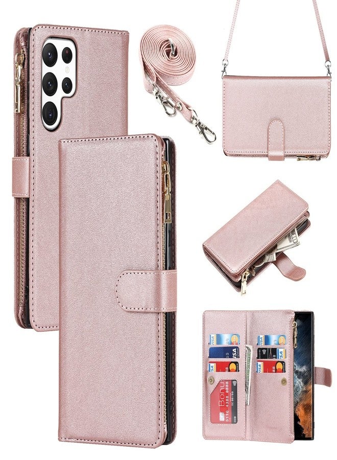 آي كوفر كايس جراب iCoverCase لهاتف سامسونج جالاكسي S22 ألترا، جراب محفظة مع حامل بطاقات، جراب من الجلد الصناعي مع حبل كتف قابل للتعديل، مشبك مغناطيسي، جيب بسحاب، غطاء قلاب (ذهبي وردي) - Image 1