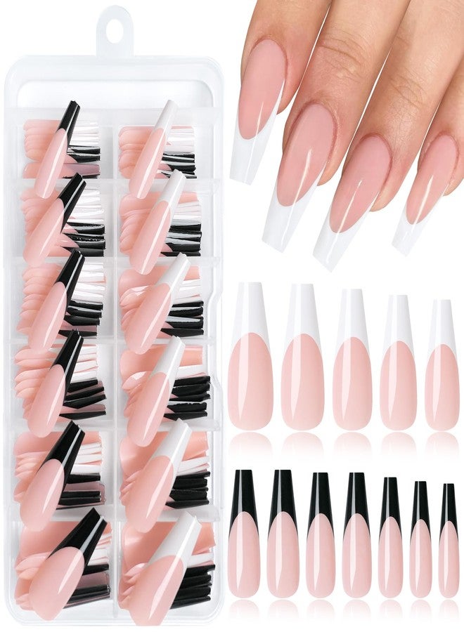 LuckForever 120pc French Tips Press on Nails Long Coffin, Black White Tips Long Press on Nails French Coffin Fake Nail Full Cover Glue on Nails Press ons Acrylic Nail Fingernail & Adhesive Tabs - Image 1