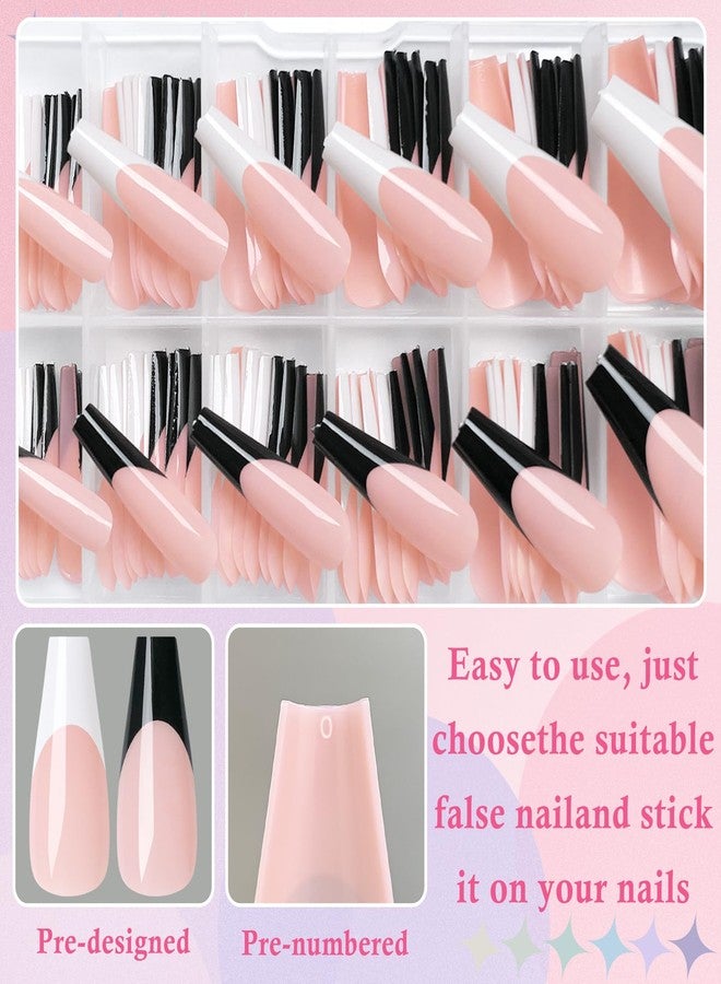LuckForever 120pc French Tips Press on Nails Long Coffin, Black White Tips Long Press on Nails French Coffin Fake Nail Full Cover Glue on Nails Press ons Acrylic Nail Fingernail & Adhesive Tabs - Image 4