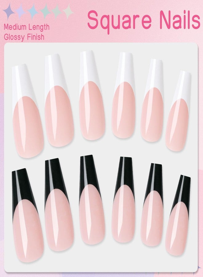 LuckForever 120pc French Tips Press on Nails Long Coffin, Black White Tips Long Press on Nails French Coffin Fake Nail Full Cover Glue on Nails Press ons Acrylic Nail Fingernail & Adhesive Tabs - Image 3