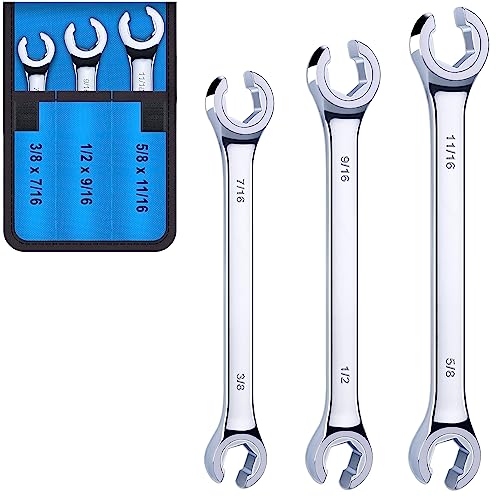EFFICERE 3-Piece Premium Double-End SAE Flare Nut Wrench Set, Size 3/8”, 7/16”, 1/2”, 9/16”, 5/8”, 11/16” | Cr-V Steel, 6-Point Head, 15° Offset | Perfect Line Wrench for Fuel, Brake, Air Conditioning and More - Image 1