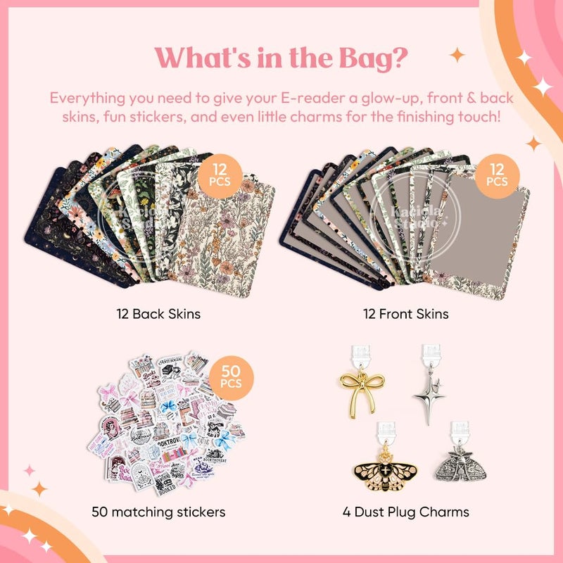 KACIOLA STUDIO 24PCS Vintage Floral Skin for E-Reader, and 4PCS Type C Charms for E-Reader with Scrapbook Stickers, 7"x5" Skin Front and Back Decal Inserts for Paper White 12th (Vintage Floral) - Image 3